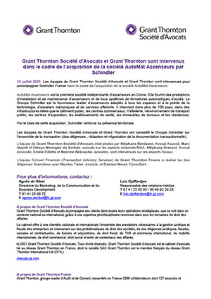 Grant Thornton Société d’Avocats et Grant Thornton ont conseillé Schindler