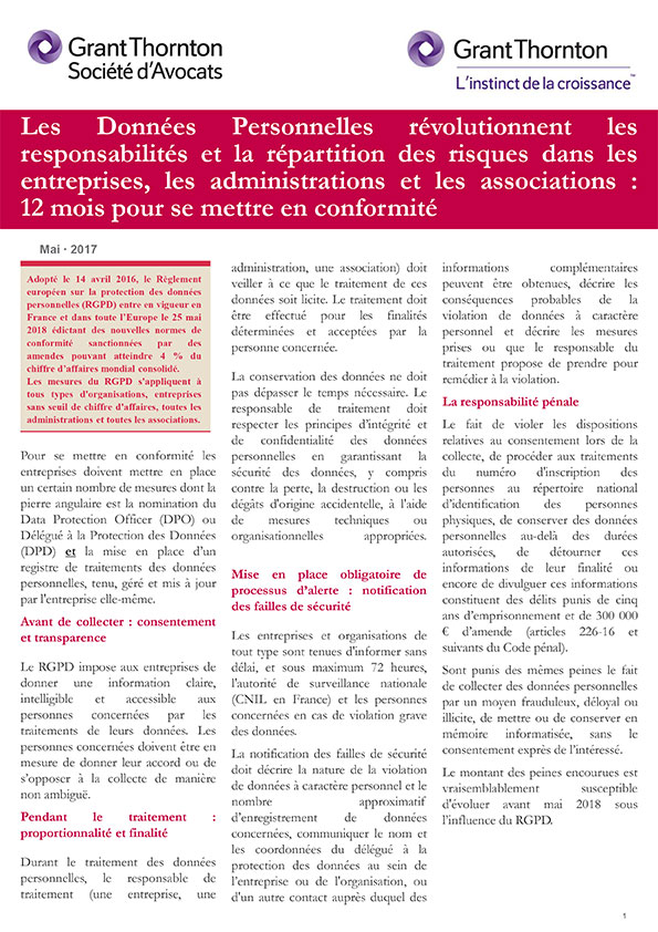 Grant Thornton Société d'Avocats Légal Alert La protection des données personnelles
