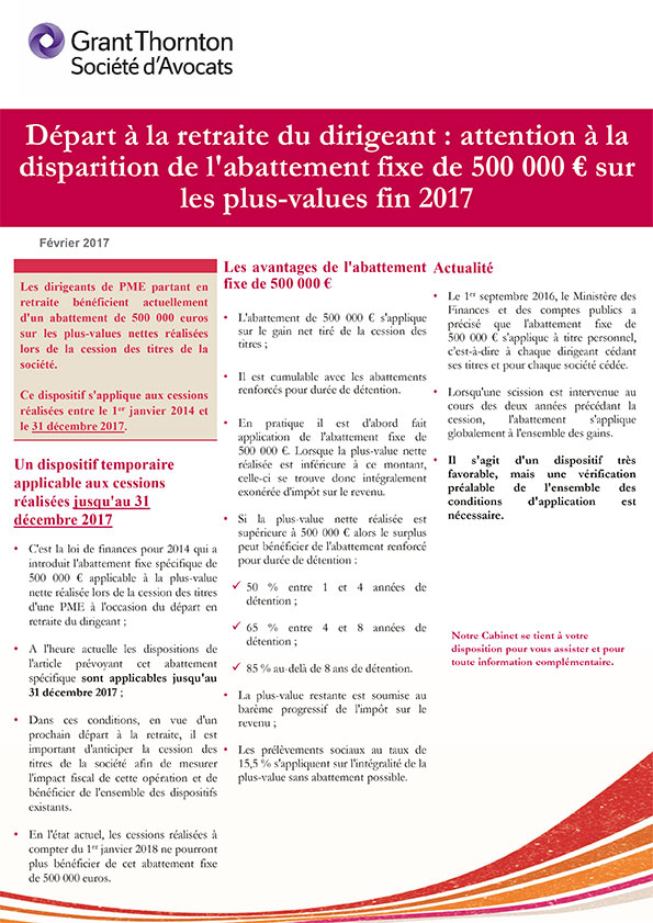 Grant Thornton Société d'Avocats Tax Alert Départ retraite du dirigeant