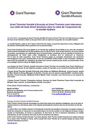 Grant Thornton Société d’Avocats et Grant Thornton ont conseillé Suez