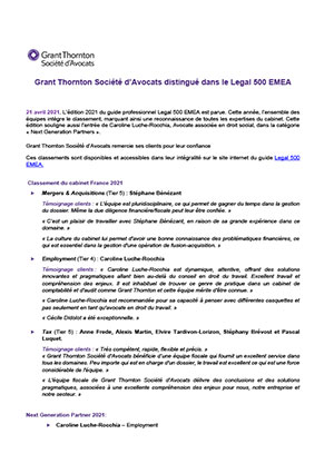 Grant Thornton Société d’Avocats distingué dans le Legal 500 EMEA
