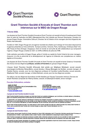 Grant Thornton Société d’Avocats et Grant Thornton sont intervenus sur le MBO de Dragon Rouge