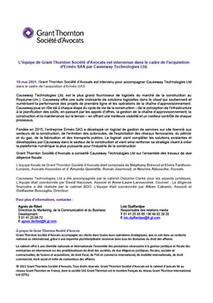 Grant Thornton Société d’Avocats conseille Causeway Technologies Ltd. 